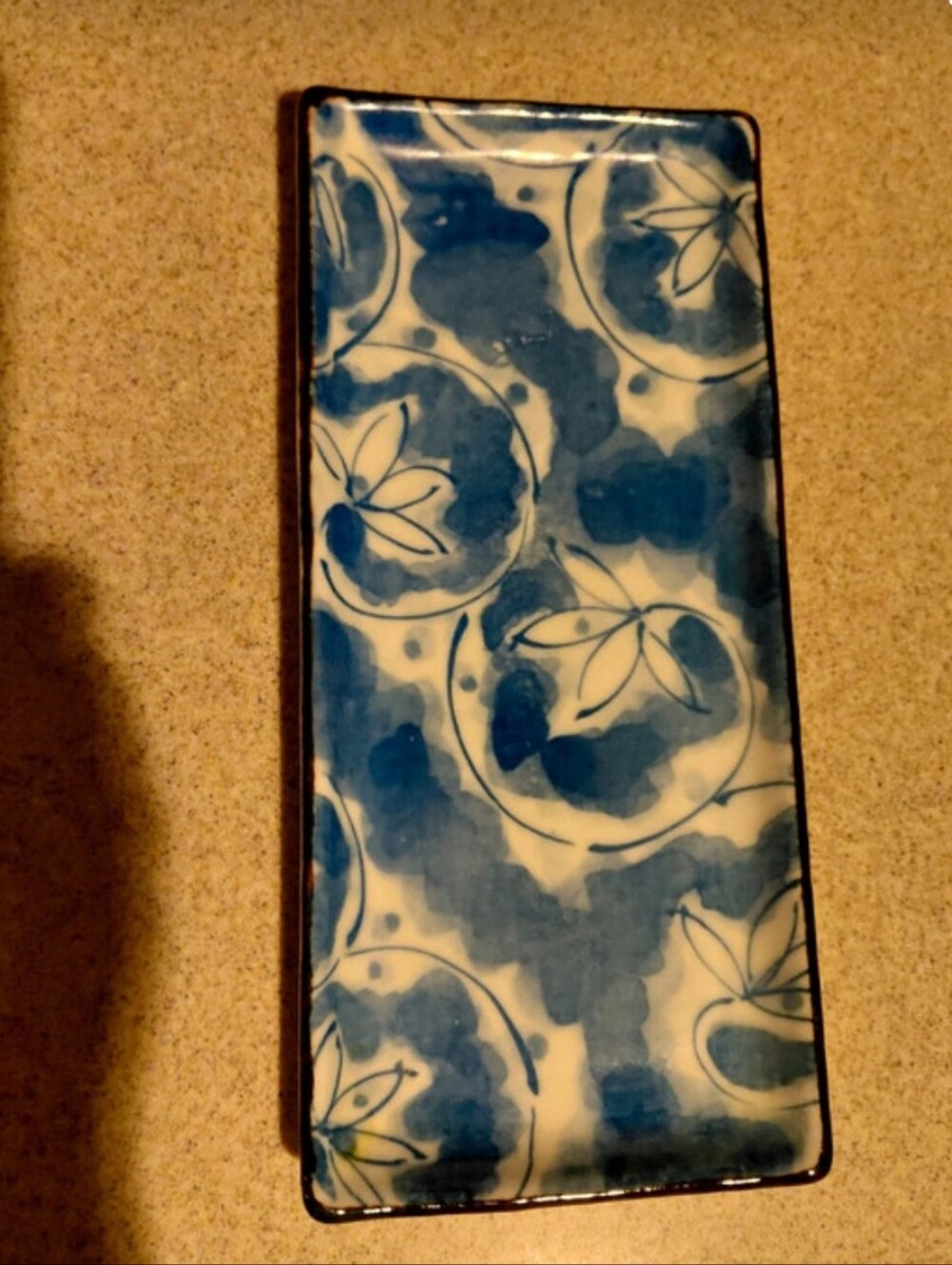 Hand-Painted Blue Floral Ceramic Tray - Unbranded